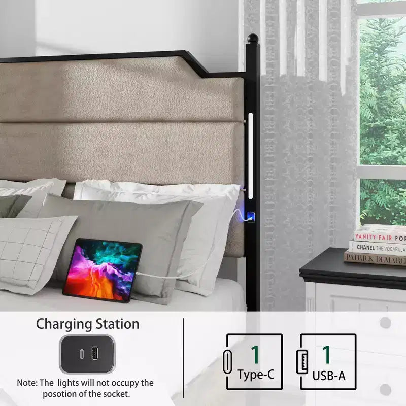 Struttura letto a piattaforma in legno con testiera imbottita, stazione di ricarica e luci a LED