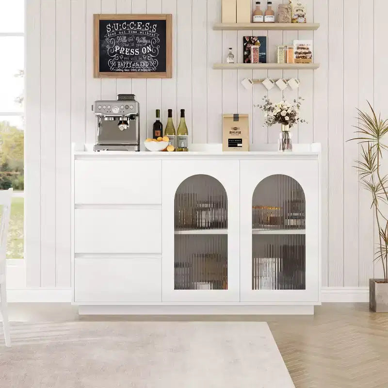 GARVEE 48 Sideboard Buffet Cabinet with Glass Doors and Led Lights, Modern Buffet Table with 3 Storage Drawers for Kitchen, Dining Room, White
