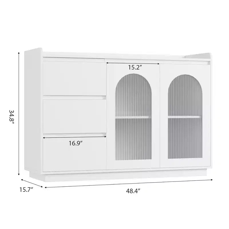 Credenza con ante in vetro da 120 cm, luci a LED e 3 cassetti, bianca