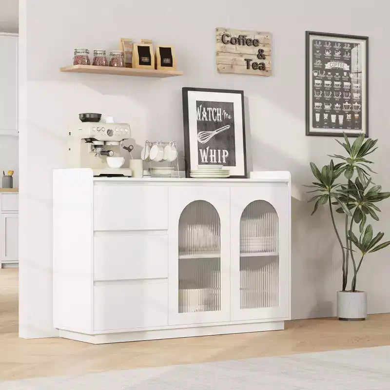 Credenza con ante in vetro da 120 cm, luci a LED e 3 cassetti, bianca