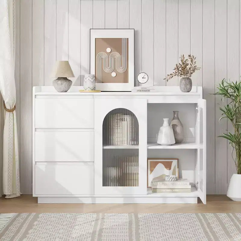 Credenza con ante in vetro da 120 cm, luci a LED e 3 cassetti, bianca