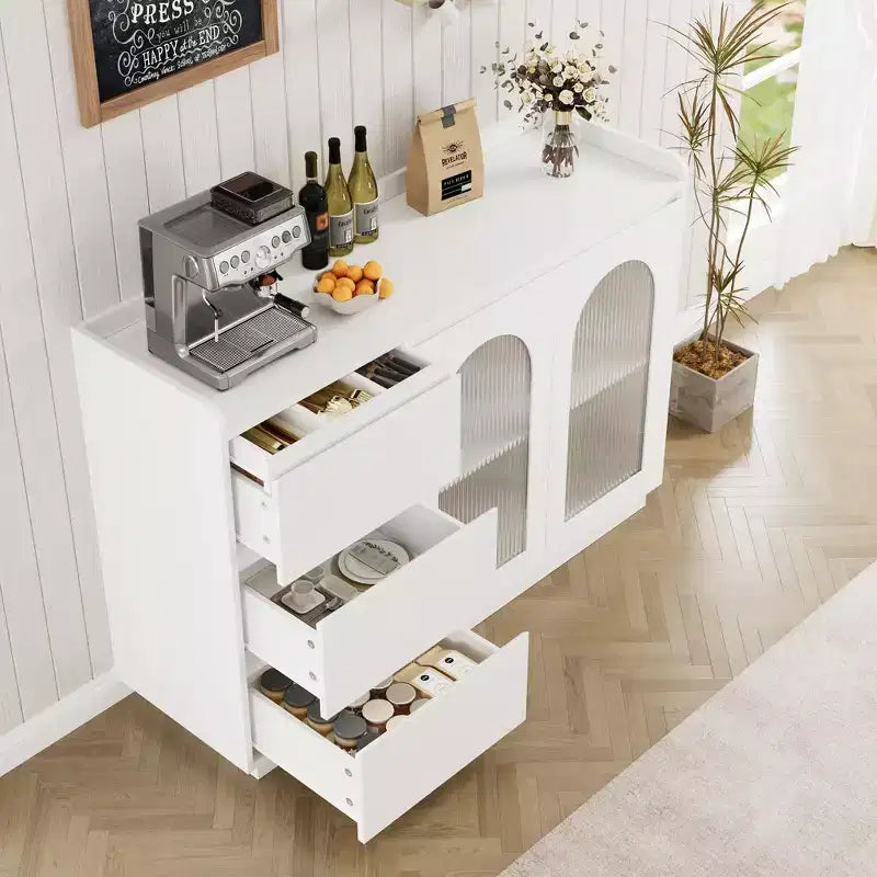 Credenza con ante in vetro da 120 cm, luci a LED e 3 cassetti, bianca