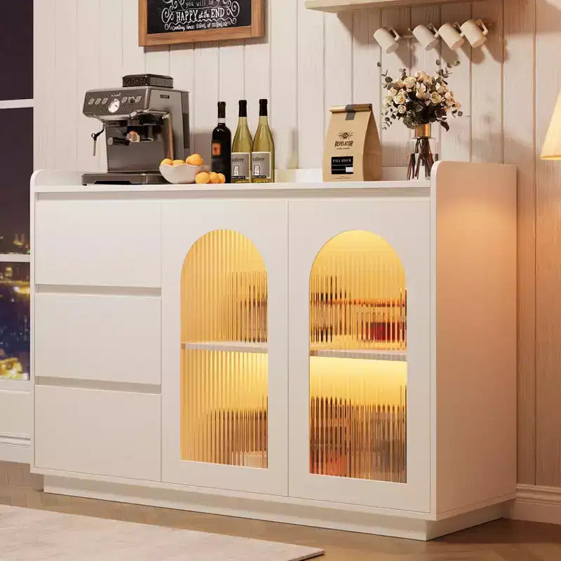Credenza con ante in vetro da 120 cm, luci a LED e 3 cassetti, bianca