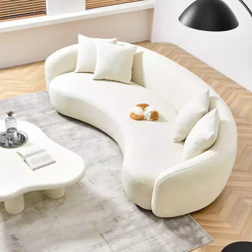 101-Inch Mid-Century Sofa with White Teddy Fabric & 4 Pillows, U-Shaped Sectional for Living Room