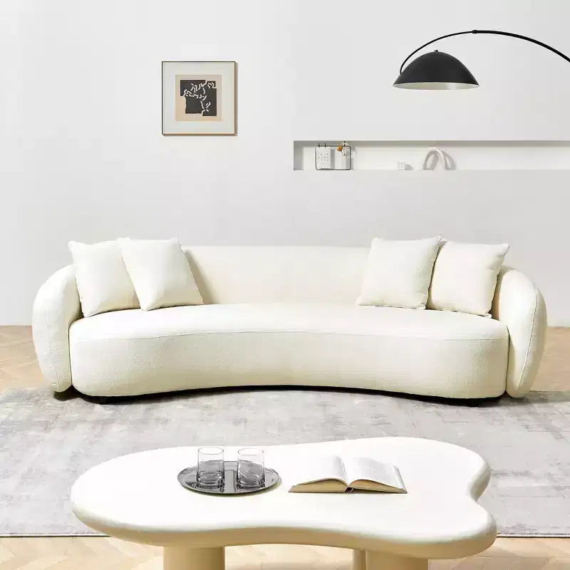Divano Mid-Century da 101 Pollici con Tessuto Teddy Bianco e 4 Cuscini, Sezionale a U per Soggiorno