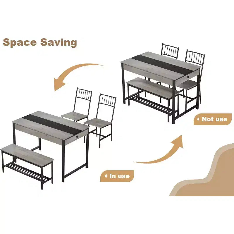 Set da pranzo per 4 con panca, con scaffale portaoggetti, cassetti, sedie da pranzo in legno, design moderno compatto, tavolo da pranzo multifunzionale