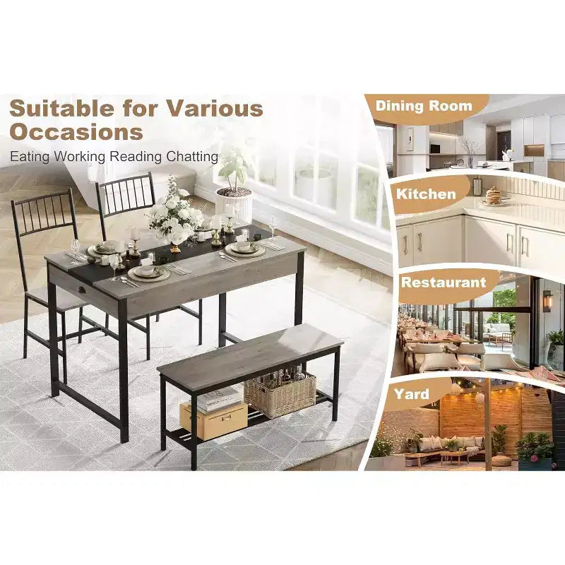 Set da pranzo per 4 con panca, con scaffale portaoggetti, cassetti, sedie da pranzo in legno, design moderno compatto, tavolo da pranzo multifunzionale