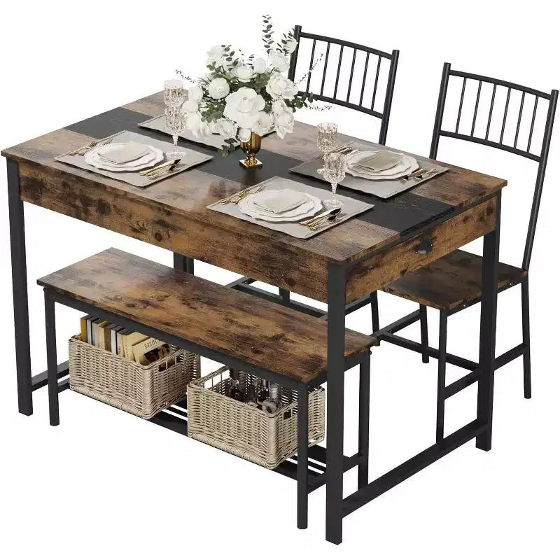 Set da pranzo per 4 con panca, con scaffale portaoggetti, cassetti, sedie da pranzo in legno, design moderno compatto, tavolo da pranzo multifunzionale