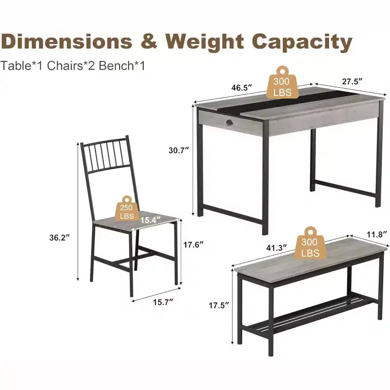 Set da pranzo per 4 con panca, con scaffale portaoggetti, cassetti, sedie da pranzo in legno, design moderno compatto, tavolo da pranzo multifunzionale
