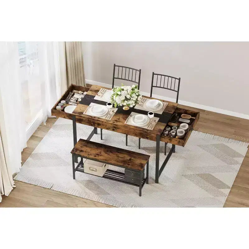 Dining Table Set for 4 with Bench, with Storage Rack, Drawers, Wooden Dining Chairs, Modern Compact Design, Multi-Functional Dining Table