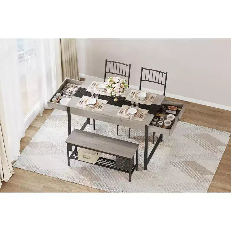 Set da pranzo per 4 con panca, con scaffale portaoggetti, cassetti, sedie da pranzo in legno, design moderno compatto, tavolo da pranzo multifunzionale