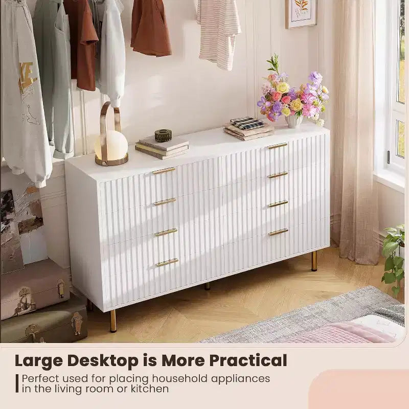 Cassettiera Moderna Larga 54", Comò a 8 Cassetti per Camera da Letto, Organizzatore in Legno, Comò Doppio Grande con Porta TV, per Soggiorno, Ingresso