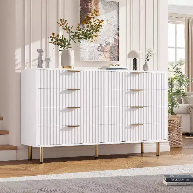 Cassettiera Moderna Larga 54", Comò a 8 Cassetti per Camera da Letto, Organizzatore in Legno, Comò Doppio Grande con Porta TV, per Soggiorno, Ingresso