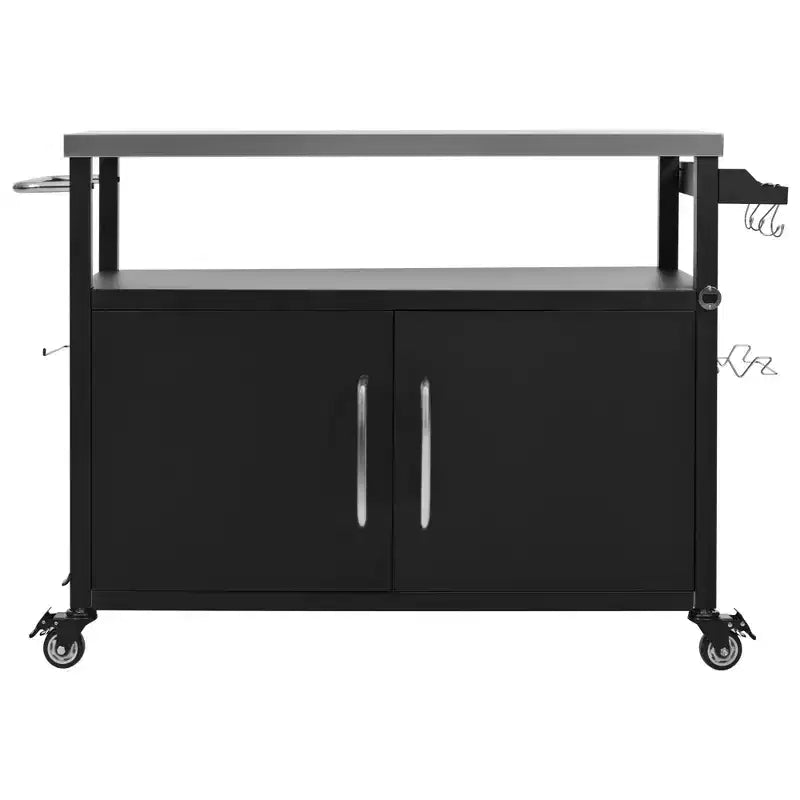 Isola da cucina esterna da 138,4 cm con piano in acciaio inox, portapezie e portasciugamani, nera