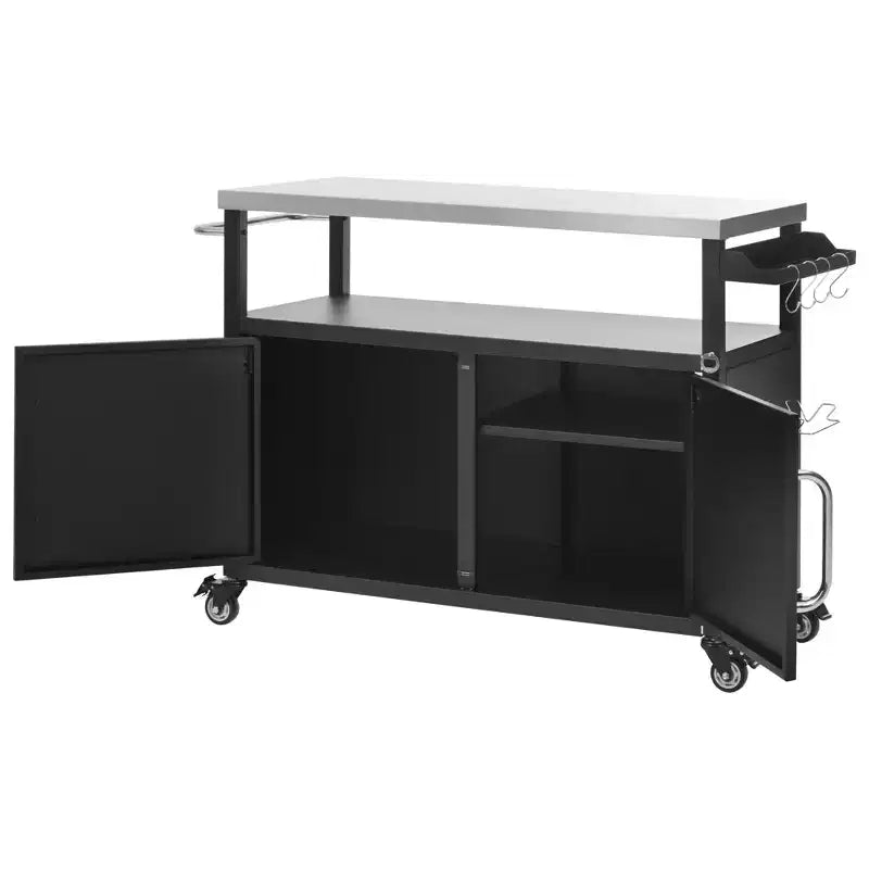 Isola da cucina esterna da 138,4 cm con piano in acciaio inox, portapezie e portasciugamani, nera