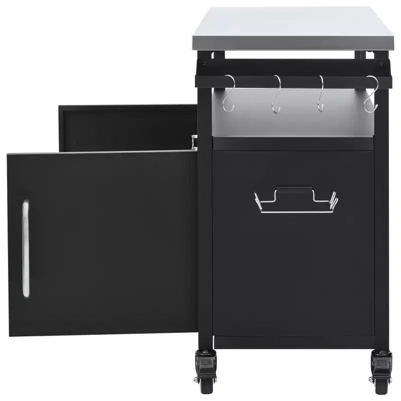 Isola da cucina esterna da 138,4 cm con piano in acciaio inox, portapezie e portasciugamani, nera