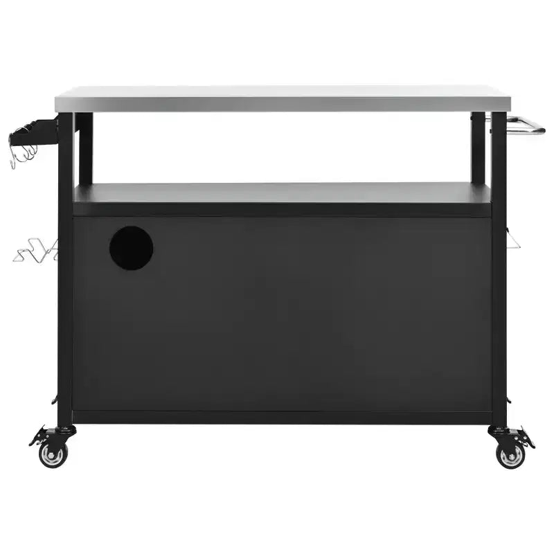 Isola da cucina esterna da 138,4 cm con piano in acciaio inox, portapezie e portasciugamani, nera