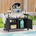 Isola da cucina esterna da 138,4 cm con piano in acciaio inox, portapezie e portasciugamani, nera