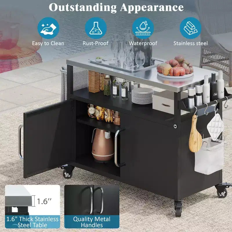 Isola da cucina esterna da 138,4 cm con piano in acciaio inox, portapezie e portasciugamani, nera