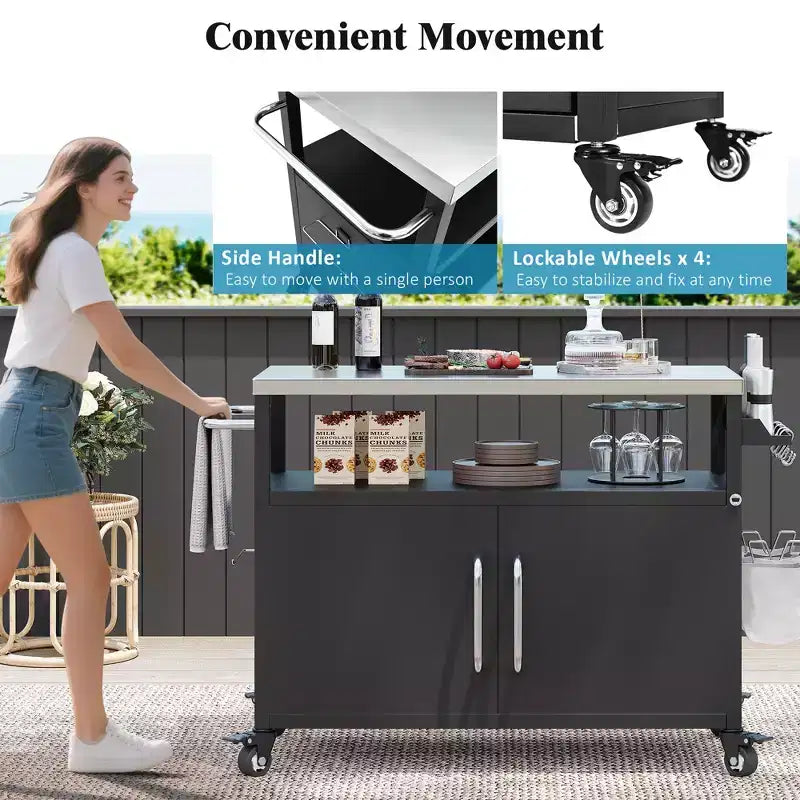 Isola da cucina esterna da 138,4 cm con piano in acciaio inox, portapezie e portasciugamani, nera