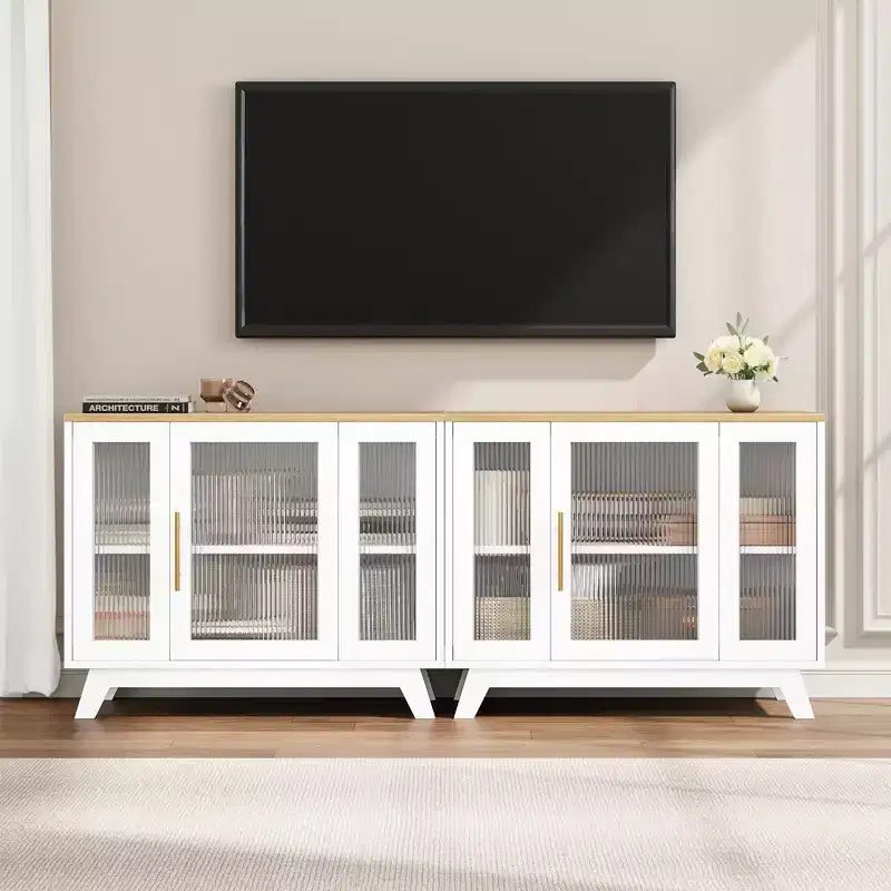 Credenza da buffet con cassetti, credenza da 36 con ante in vetro scanalato, stazione caffè retrò con ripiano regolabile, naturale
