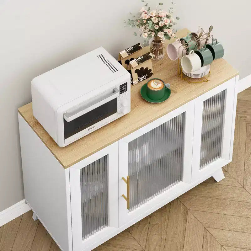 Credenza da buffet con cassetti, credenza da 36 con ante in vetro scanalato, stazione caffè retrò con ripiano regolabile, naturale