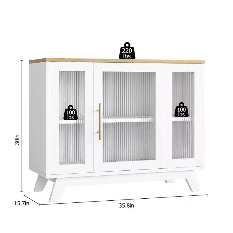 Credenza da buffet con cassetti, credenza da 36 con ante in vetro scanalato, stazione caffè retrò con ripiano regolabile, naturale
