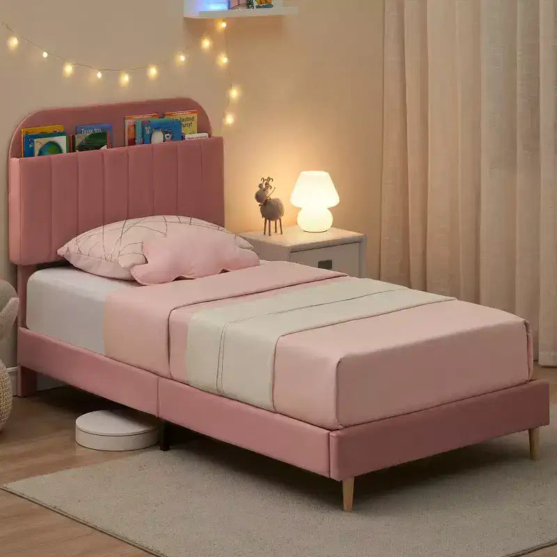 Struttura letto singola con testiera libreria, imbottita in velluto - Supporto a doghe in legno, silenziosa, non necessita di box spring, facile da montare