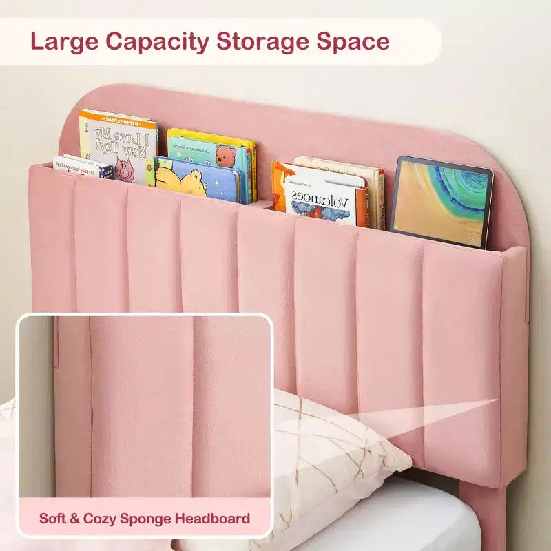 Struttura letto singola con testiera libreria, imbottita in velluto - Supporto a doghe in legno, silenziosa, non necessita di box spring, facile da montare