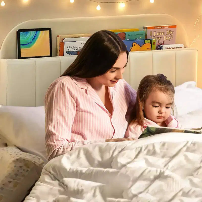 Struttura letto singola con testiera libreria, imbottita in velluto - Supporto a doghe in legno, silenziosa, non necessita di box spring, facile da montare