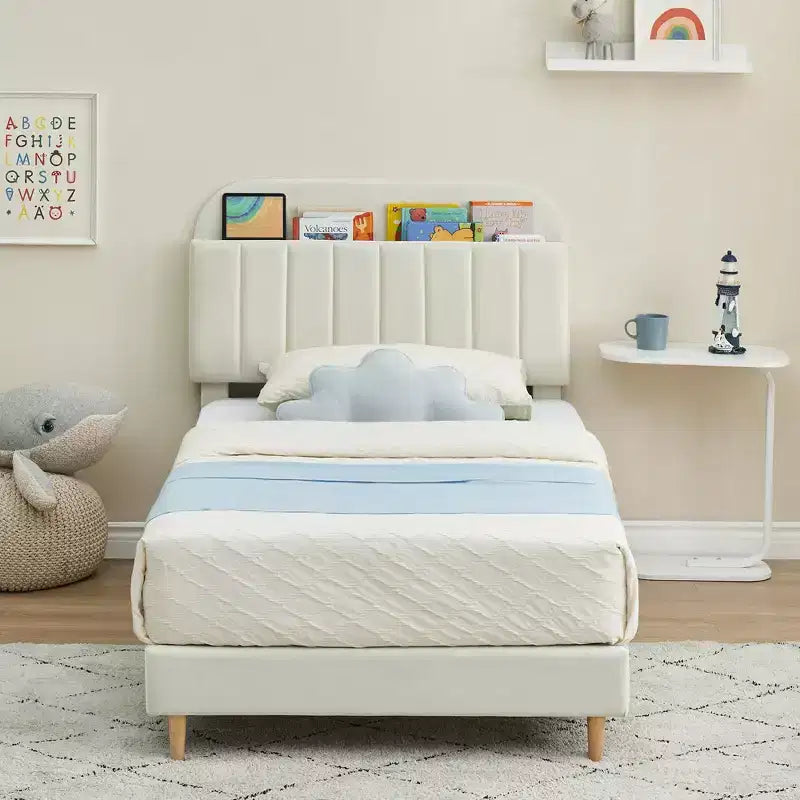 Struttura letto singola con testiera libreria, imbottita in velluto - Supporto a doghe in legno, silenziosa, non necessita di box spring, facile da montare