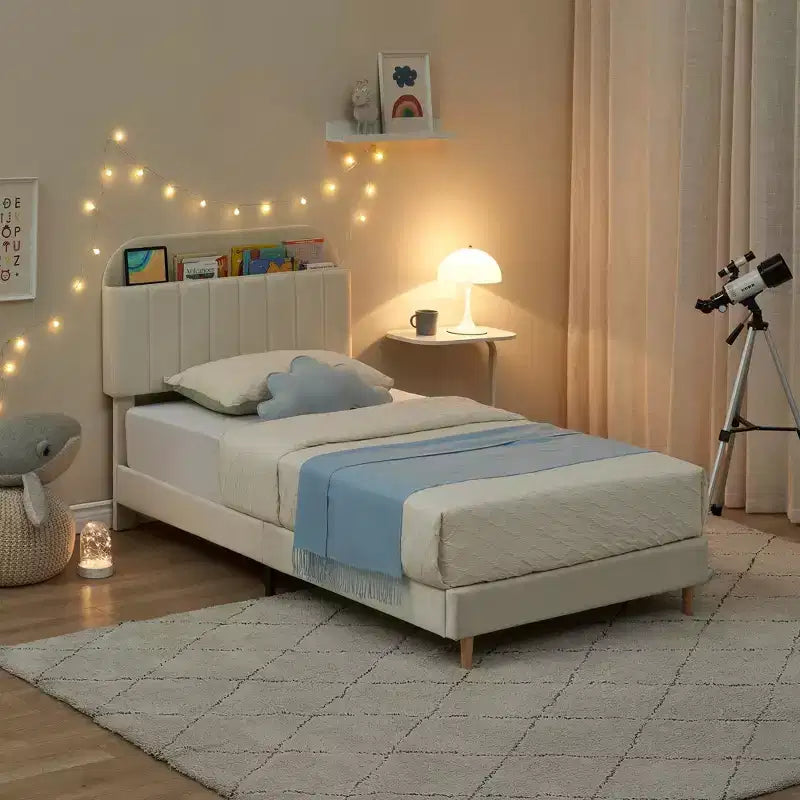 Struttura letto singola con testiera libreria, imbottita in velluto - Supporto a doghe in legno, silenziosa, non necessita di box spring, facile da montare