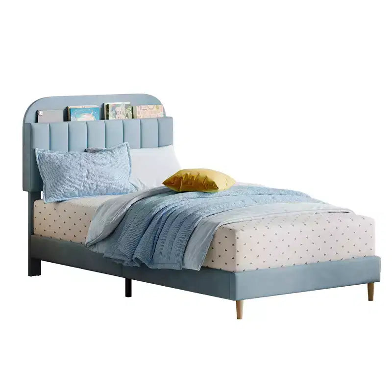Struttura letto singola con testiera libreria, imbottita in velluto - Supporto a doghe in legno, silenziosa, non necessita di box spring, facile da montare