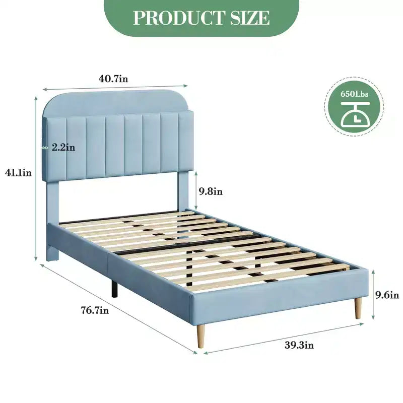 Struttura letto singola con testiera libreria, imbottita in velluto - Supporto a doghe in legno, silenziosa, non necessita di box spring, facile da montare