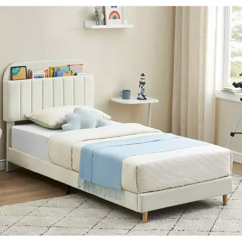 Struttura letto singola con testiera libreria, imbottita in velluto - Supporto a doghe in legno, silenziosa, non necessita di box spring, facile da montare