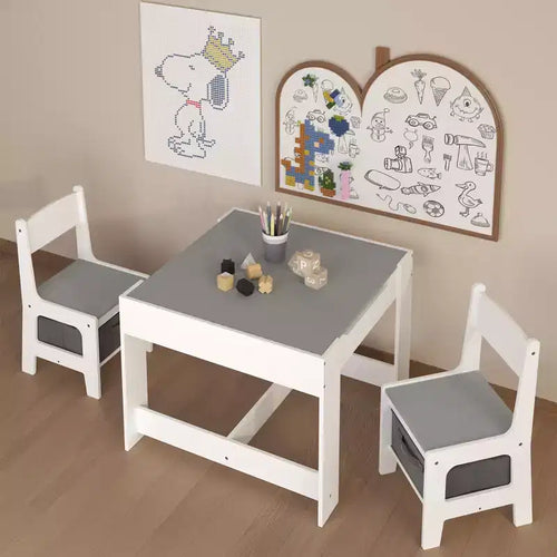 3PCS Kid Table Set with Dual-Sided Table & 2 Storage Chairs, Wood Toddler Table and Chair Set Children Activity Play Table Set, White+Gray -ModernLuxe