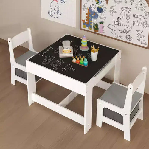 Set tavolo per bambini da 3 pezzi con tavolo a doppia faccia e 2 sedie portaoggetti, bianco e grigio