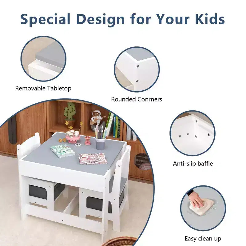 Set tavolo per bambini da 3 pezzi con tavolo a doppia faccia e 2 sedie portaoggetti, bianco e grigio