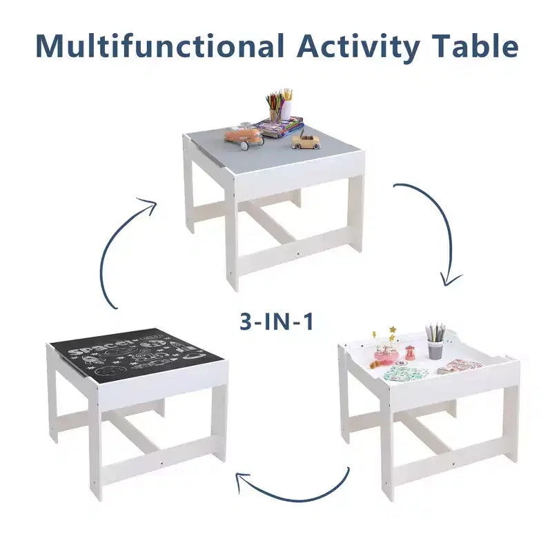 Set tavolo per bambini da 3 pezzi con tavolo a doppia faccia e 2 sedie portaoggetti, bianco e grigio