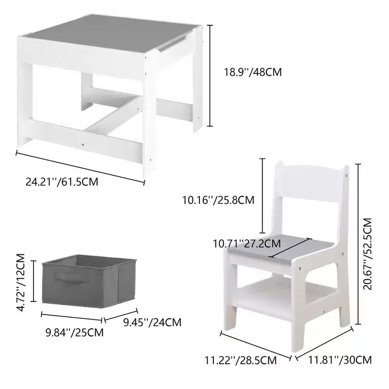 Set tavolo per bambini da 3 pezzi con tavolo a doppia faccia e 2 sedie portaoggetti, bianco e grigio