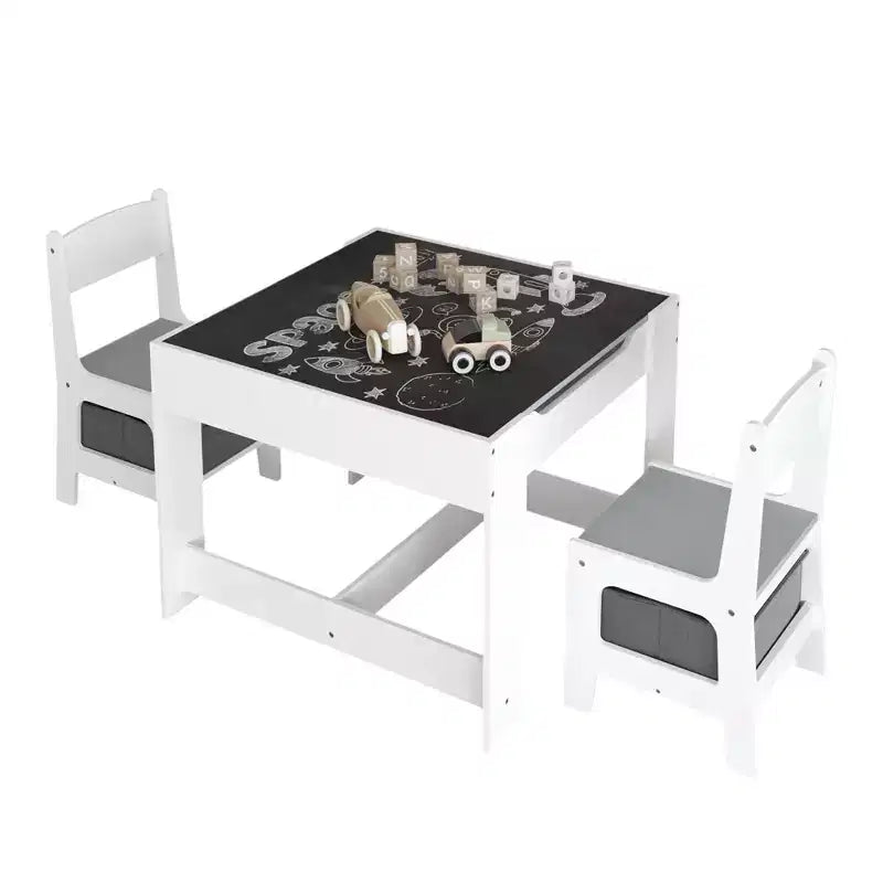 Set tavolo per bambini da 3 pezzi con tavolo a doppia faccia e 2 sedie portaoggetti, bianco e grigio