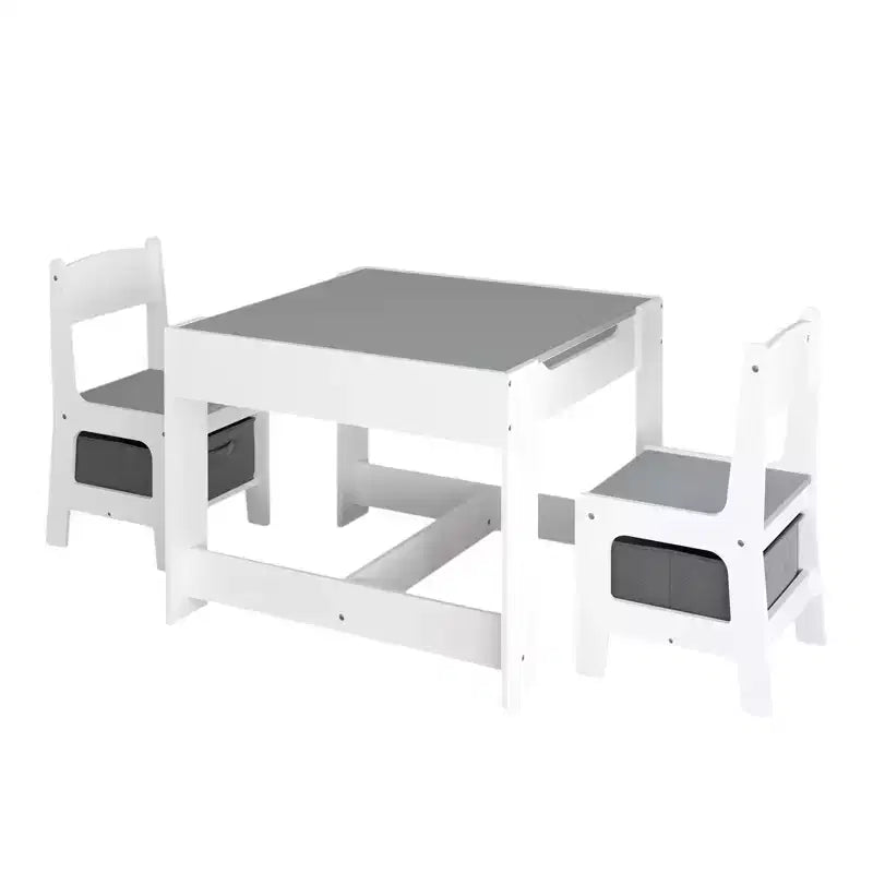 Set tavolo per bambini da 3 pezzi con tavolo a doppia faccia e 2 sedie portaoggetti, bianco e grigio