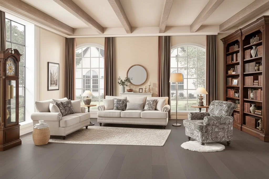 Piece Living Room Set, Modern Farmhouse Chenille Sofa and Loveseat with Nailhead Trim, Floral Accent Chair