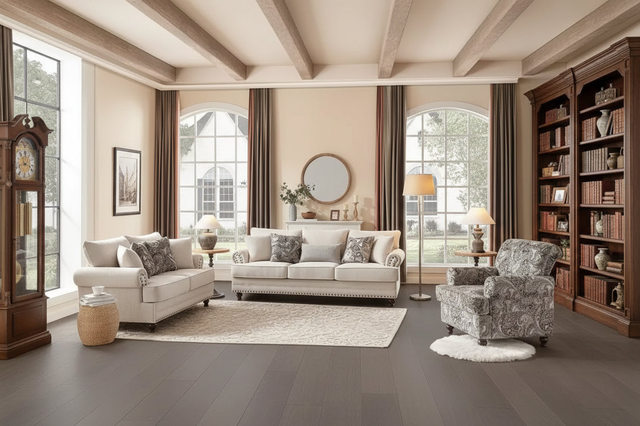 Piece Living Room Set, Modern Farmhouse Chenille Sofa and Loveseat with Nailhead Trim, Floral Accent Chair