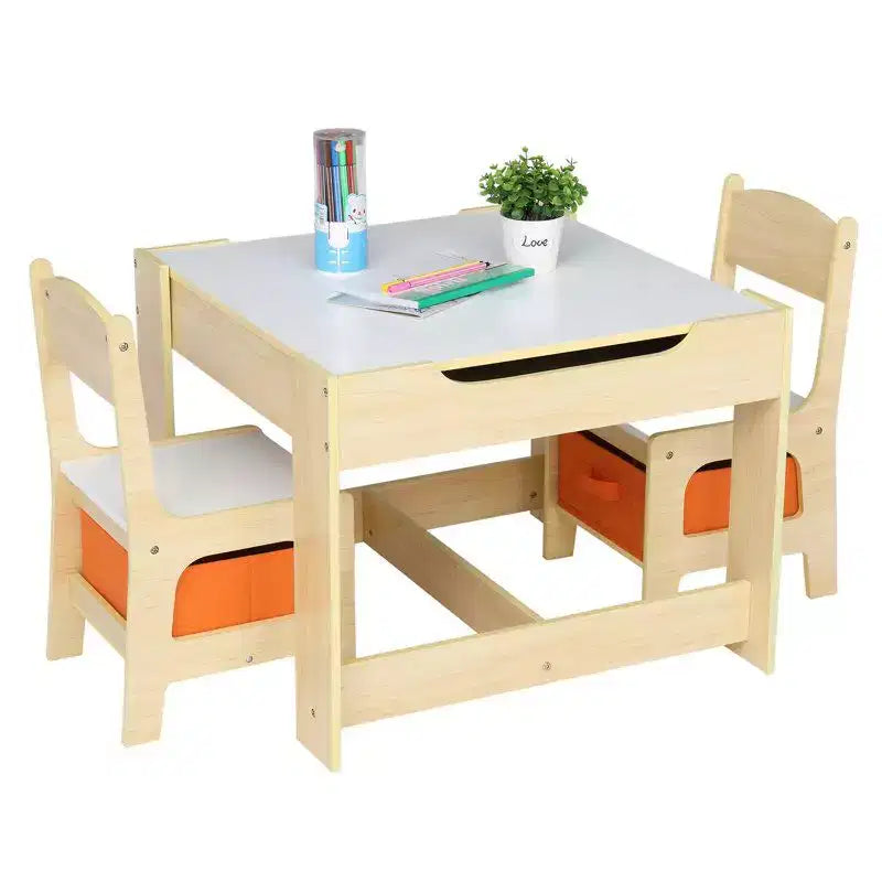 Set da 3 pezzi per bambini con tavolo e sedie, con 2 contenitori, Legno naturale