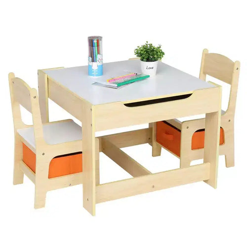 Set da 3 pezzi per bambini con tavolo e sedie, con 2 contenitori, Legno naturale