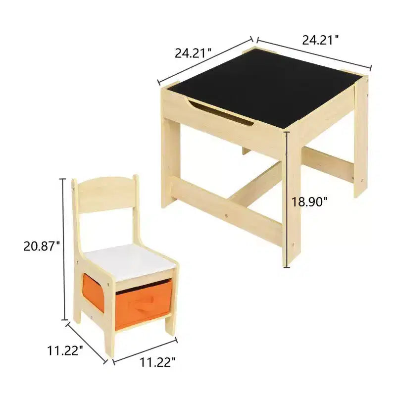 Set da 3 pezzi per bambini con tavolo e sedie, con 2 contenitori, Legno naturale