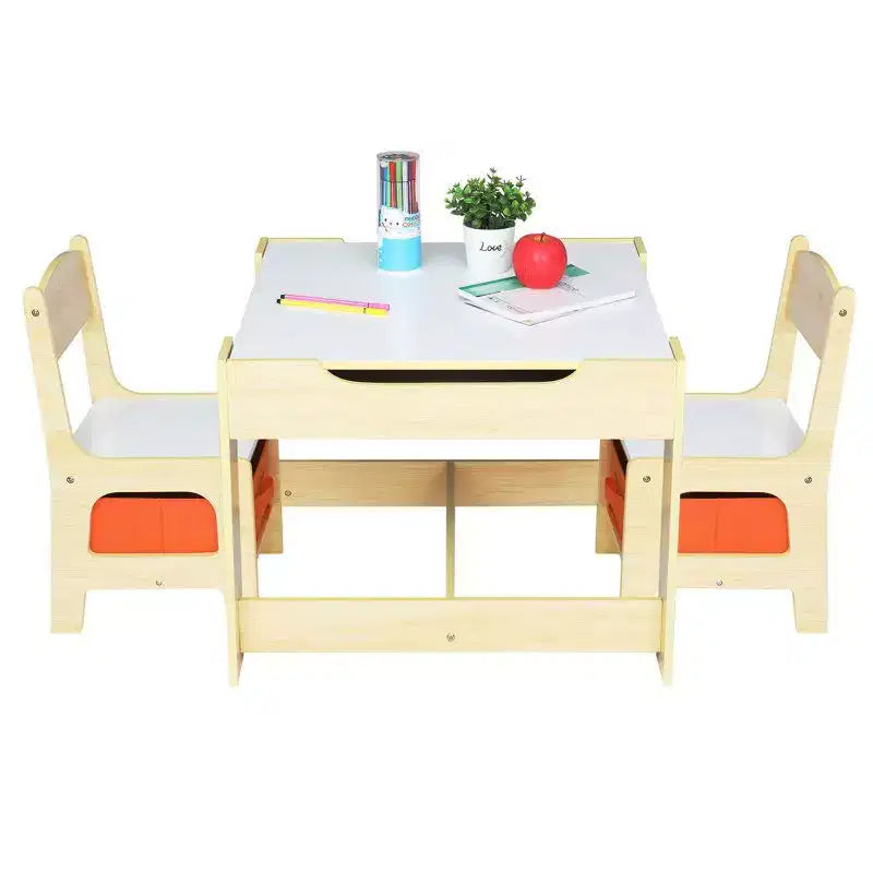 Set da 3 pezzi per bambini con tavolo e sedie, con 2 contenitori, Legno naturale