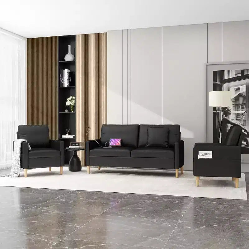 Divanetto a 2 posti da 168 cm in similpelle nera con porta USB, imbottito, stile moderno di metà secolo