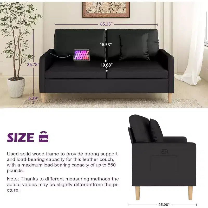 Divanetto a 2 posti da 168 cm in similpelle nera con porta USB, imbottito, stile moderno di metà secolo